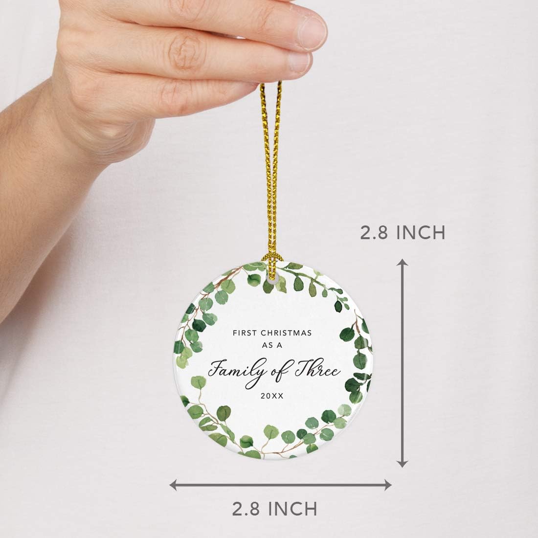 Andaz Press Custom Year Round Ceramic Porcelain Christmas Tree Ornament Keepsake Collectible Gift, First Christmas as a Family of Three 2025, Farmhouse Eucalyptus Wreath, 1-PackNew