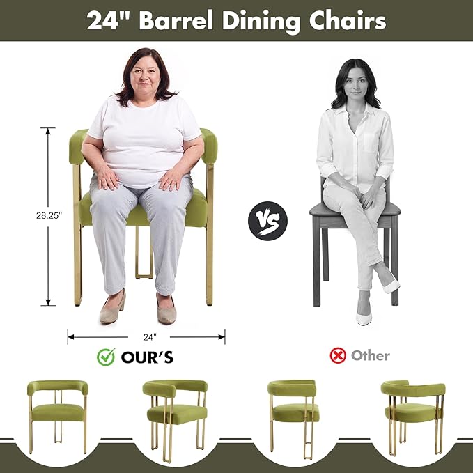 Green and Gold Modern Dining Chairs Set of 6, Velvet Upholstered Barrel Armchairs with Metal Legs for Kitchen Island, Mid Century Accent Chairs for Dining Room Living Room, Open-Back