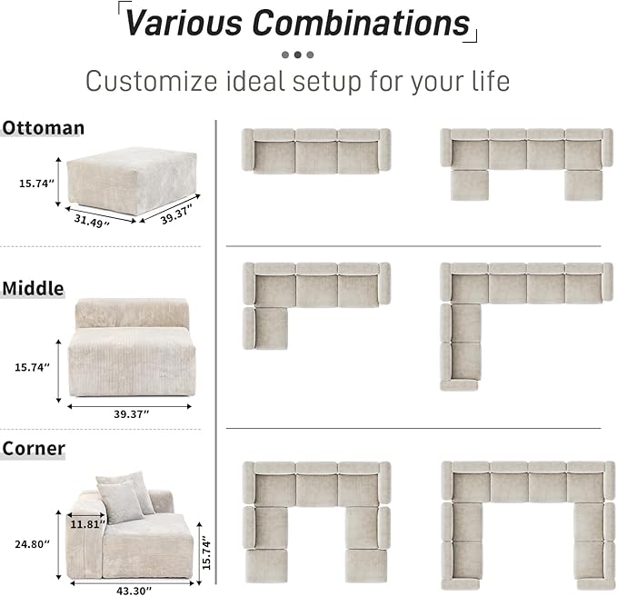 WJShome Cloud Couch Modular Sectional Sofa,102inch L Shaped Sofa with Ottoman,Beige 3 Seater Corduroy Couch,Convertible Sectional Sofa for Living Room,Cushion Covers Removable& Washable