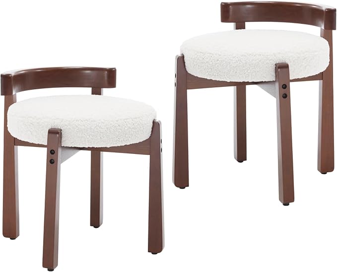 Modern Vanity Chair Upholstered Small Ottoman Footstool, Make Up Stool Sherpa Fabric with Backrest Wooden Frame for Living Room Bedrooms, 2PCS, White