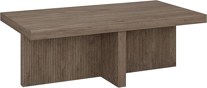 Henn&Hart 44" Fluted Rectangular Wood Pedestal Low-Profile Coffee Table for Living Room, Family Room or Office, Antiqued Gray Oak