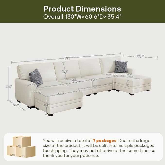 Wanderwell Oversized Modular Sectional Sofa, 6-Seater U Shaped Couches with Movable Ottoman,Corduroy Sectional Couch with Wide and Deep Seats Suitable for Living Room,Bedroom,Apartment (Cream, U-6)