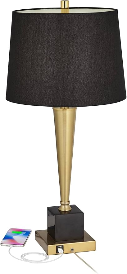 Possini Euro Design Wayne Modern Table Lamps 29 1/4" Tall Set of 2 with USB Charging Port Brass Gold Black Tapered Drum Shade for Bedroom Living Room Nightstand Bedside Night Stand Office Kids Room