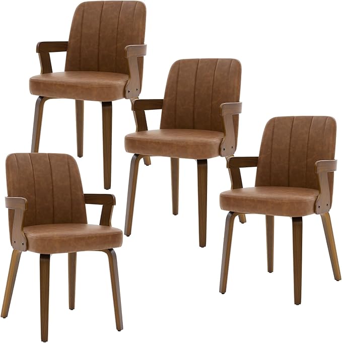 Kitchen Dining Chairs Set of 4, Faux Leather Upholstered Dining Room Chairs with Wood Arms and Legs, Mid Century Modern Kitchen Side Chair for Living, Bedroom, Restaurant, Walnut/Brown
