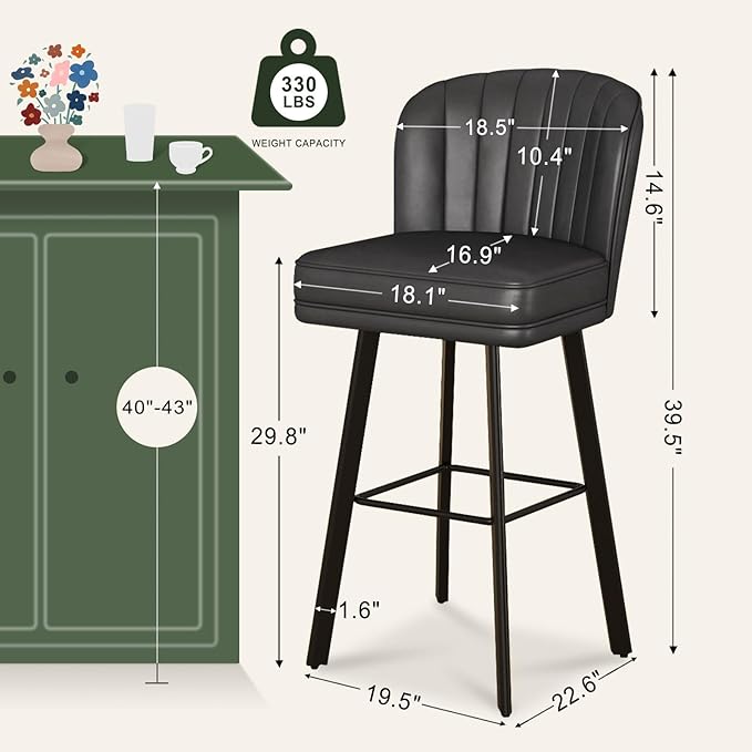 Swivel Counter Height Bar Stools Set of 2, 30'' Modern Barstools with Backs and Metal Legs, Upholstered Bar Chairs, Faux Leather Black Stools for Kitchen Island Chairs