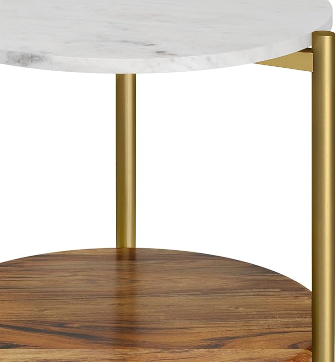 SIMPLIHOME Wagner SOLID ACACIA WOOD 18 inch Wide Round Mid Century Marble & Wood Side Table in White/Natural for the Living Room and Bedroom