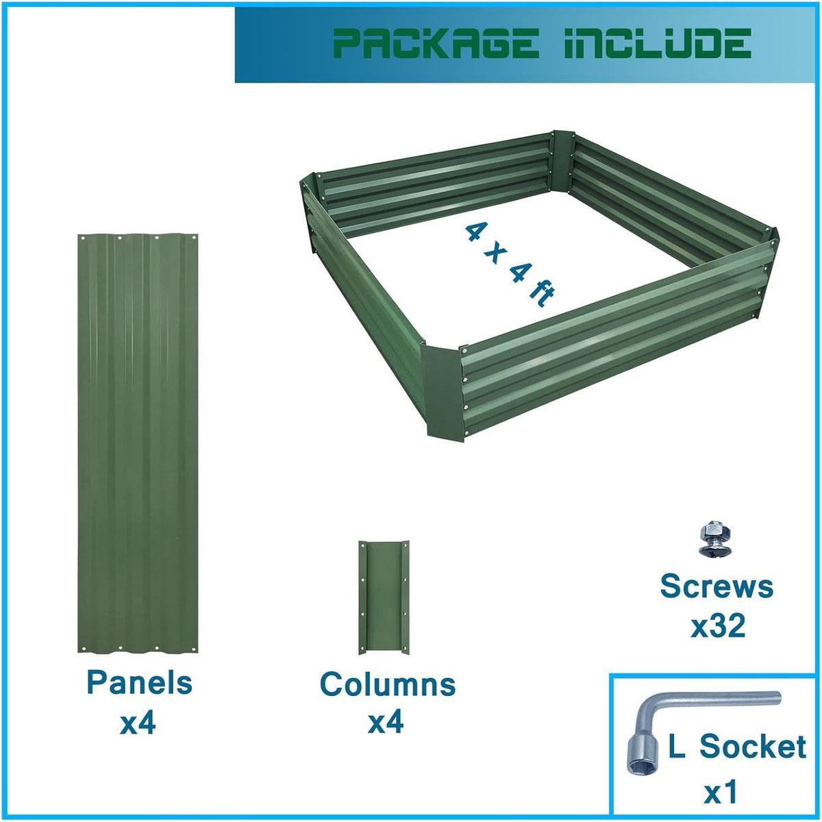 4x4x1ft Metal Raised Garden Bed Kit，Galvanized Garden Bed Box for Vegetables, Flowers, Herbs, and Succulents,120 Gallon Capacity - Green