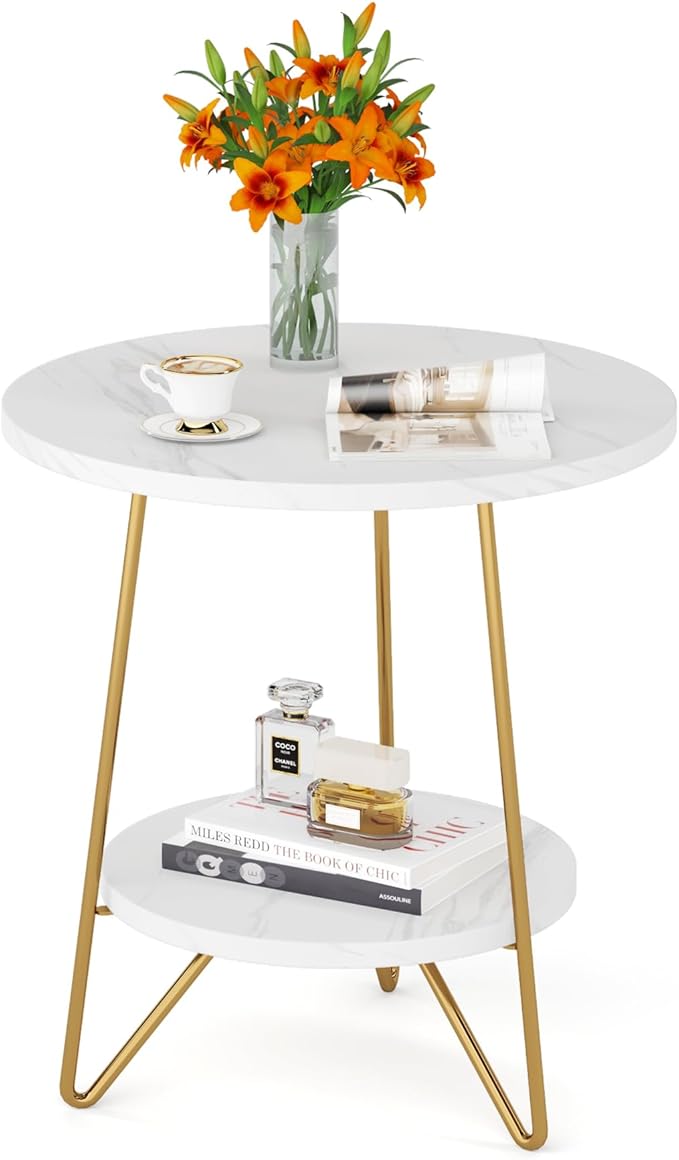 Tribesigns Faux Marble End Table, 2 Tier Round Side Table with Shelves, Modern Gold Nightstand Bedside Table Small Coffee Accent Table for Living Room Bedroom, White and Gold