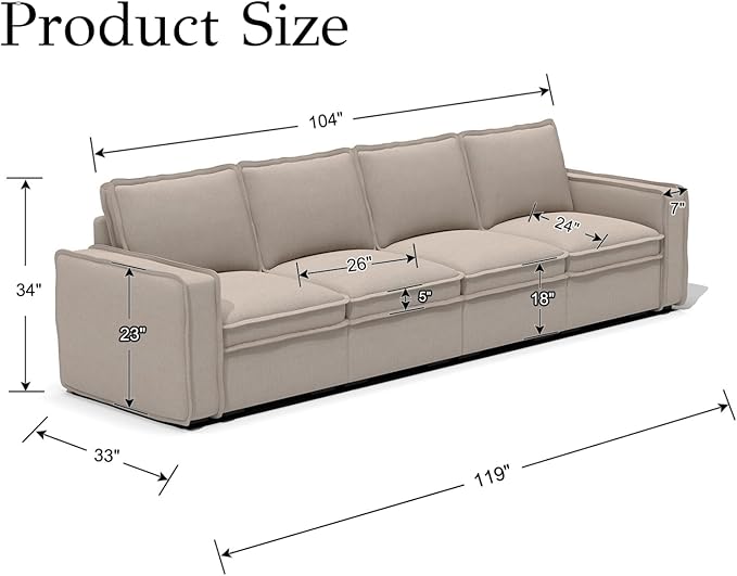 EALSON 119" Modular Sectional Sofa Modern Comfy 4-Seater Couch Sofa Linen Fabric Upholstered Cloud Couches with 24" Deep Seat and Wooden Legs for Bedroom/Living Room/Office, Oatmeal