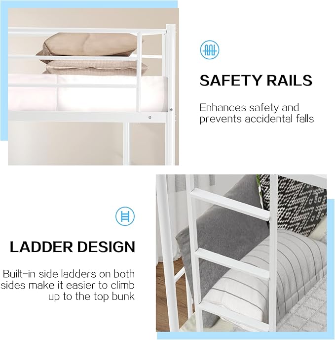 Bunk Bed,Twin Over Twin Bunk Beds for Kids Teens Adults,Heavy Duty Metal Slats Bed Frame with Ladders and Guardrail,400 lbs Capacity,No Spring Box Required,White