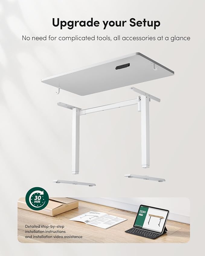 FEZIBO One-Piece Standing Desk Adjustable Height Stand up Home Office Desk, 32x20 Inch Electric Standing Computer Desk, with 4 Memory Presets, Headphone Hook, White