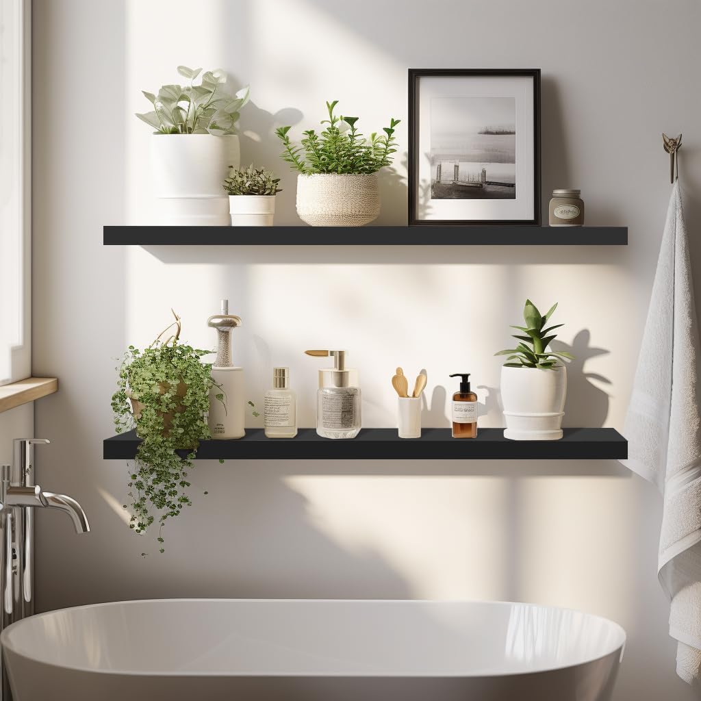 LaVie Home Floating Shelves, 36 Inch Wall Shelf Set of 2, Hanging Shelf with Invisible Brackets, Wall Decor for Bathroom, Bedroom, Living Room, Kitchen Storage, Classic Black