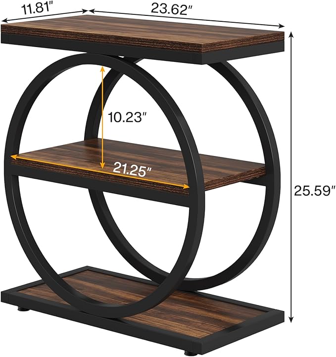 LITTLE TREE 3-Tier End Table Set of 2, Industrial Side Table with Storage Shelves, Small Sofa Side Table for Living Room, Wooden Side End Table with Round Metal Legs, Slim Nightstand and Bedside Table