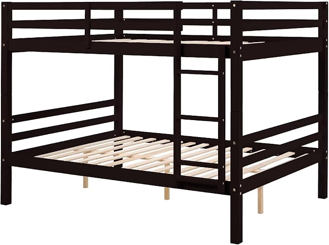 Full Over Full Bunk Bed with Thick Posts,Wooden Bunk Bed with High Guardrail and Ladder for Kids, Teens, Dorm Rooms, and Guest Rooms,No Box Spring Needed, Espresso