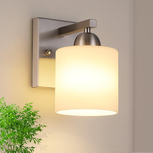Brushed Nickel Milk Glass Wall Sconces, 1 Pack Hardwired Indoor Wall Light Fixtures for Living Room, Hallway, Bedroom, Ceramic E26 Sockets (Bulbs Not Included)