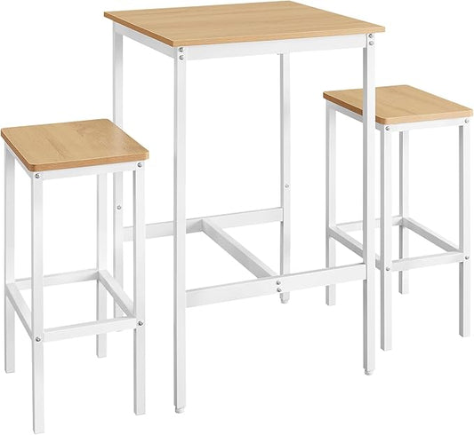 VASAGLE Bar Table and Chairs Set, Square Table with 2 Stools, Dining Pub Set for 2, Space Saving for Kitchen Breakfast, Living Room, Party Room, Golden Oak and Cloud White