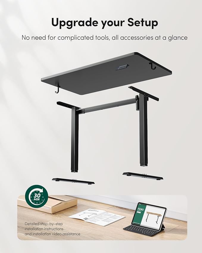 FEZIBO One-Piece Standing Desk Adjustable Height Stand up Home Office Desk, 48x24 Inch Electric Standing Computer Desk, with 4 Memory Presets, Headphone Hook, Black