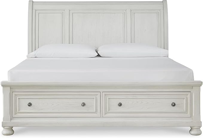 Signature Design by Ashley Robbinsdale Casual California King Sleigh Platform Bed with 2 Drawers, Foundation or Box Spring Not Needed, White