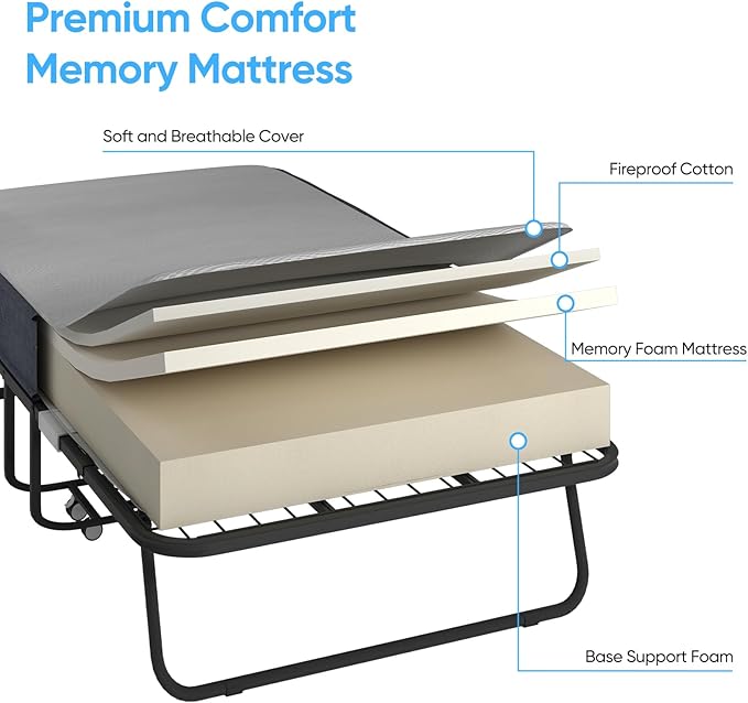 Mjkone Folding Bed with Mattress for Adults, Rollaway Bed with 5 Inch Memory Foam, Space Saving Portable Bed with Lockable Wheel, Sturdy Fold Up Frame and Memory Foam for Bedroom/Guest (75" x 51")