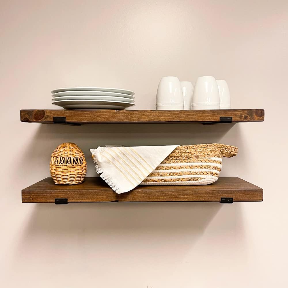 Rustic Shelves with J-Brackets Set of 2, Industrial Shelf, Kitchen Shelves, Solid Wood, Decorative Wall Storage, Heavy Duty, URBANDI (Provincial, 12Wx12D)