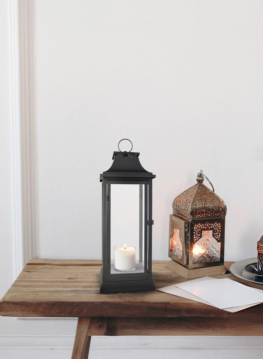 Serene Spaces Living 25" Tall Black Decorative Hurricane Lantern with Clear Glass Panels - Indoor Lantern and Outdoor Lantern for Porch, Events, Parties, & Table Top Decor - Extra Large Lantern