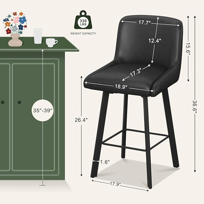 Swivel Bar Stools, 26''H Upholstered Barstools with Backs, Modern Counter Height Bar Stool Chairs for Kitchen Island, Metal Legs (Black- Faux Leather, Set of 2-26" H)