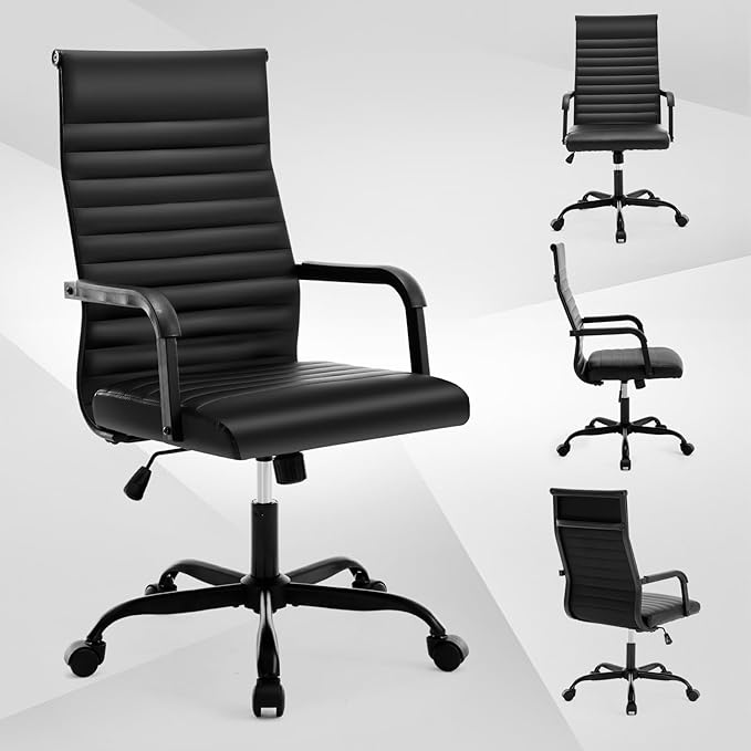 Office Chair, Ergonomic Executive Conference Room Chairs, Ribbed Leather Desk Chair with Lumbar Support, Adjustable Height Mid-Back Swivel Chair with Padded Seat and Square Tube Armrests