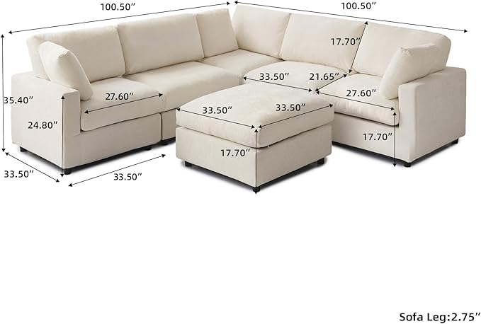 WJShome Modern V Shaped Sectional Couches for Living Room,100 Inch 5-Seater Chenille Deep Seat Modular Sofa with Ottoman, Cloud Couch for Bedroom and Apartment，Beige