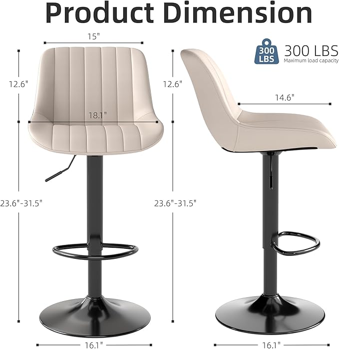 Youhauchair Bar Stools Set of 3, Swivel Counter Height Barstools with Back, Adjustable PU Leather Bar Chairs, Modern Armless Kitchen Island Stool, Beige