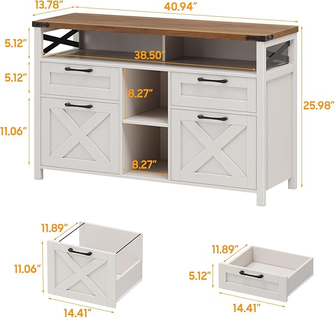 Filing Organization Storage Cabinets 4 Drawer with Adjustable Shelf, Lateral Filing Cabinet with Open Storage Shelf for Home Office, Farmhouse File Cabinets for Hanging Files Letter/A4.White