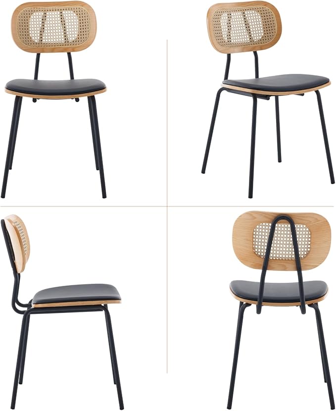 Mid-Century Modern Rattan Cane Back Dining Chairs Set of 4 — PU Leather Upholstered Seat, Black Metal Legs, Kitchen Side Chairs for Kitchen & Dining Room, Black