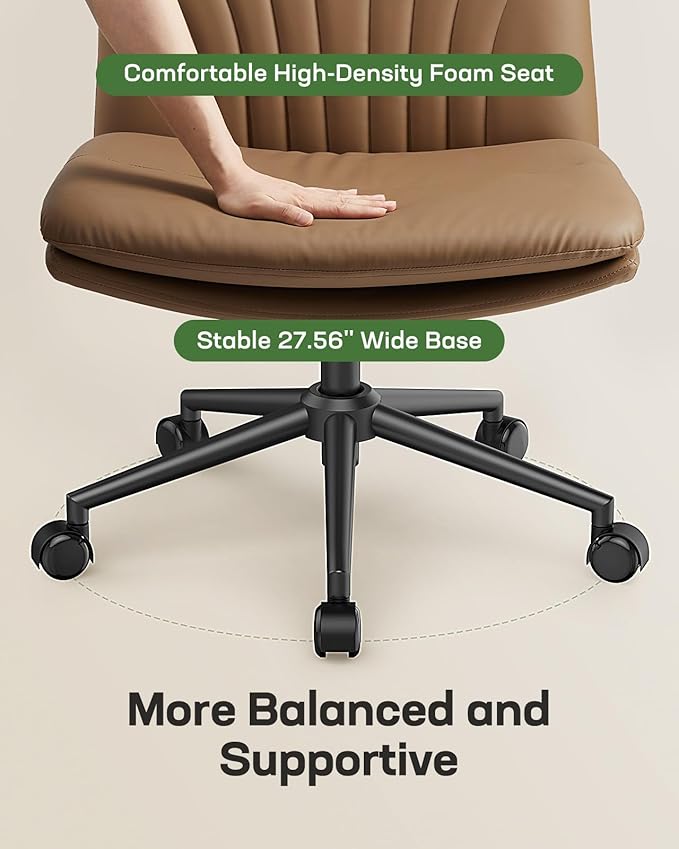 Marsail Armless-Office Desk Chair with Wheels: PU Leather Cross Legged Wide Chair,Comfortable Adjustable Swivel Computer Task Chairs for Home,Office,Make Up,Small Space,Bed Room, Brown