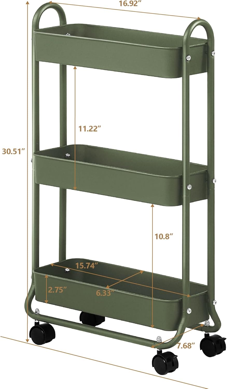 SunnyPoint Slim Rolling Storage Cart, 3 Tier Bathroom Storage Organizer Bathroom, Laundry Utility Cart (Army)
