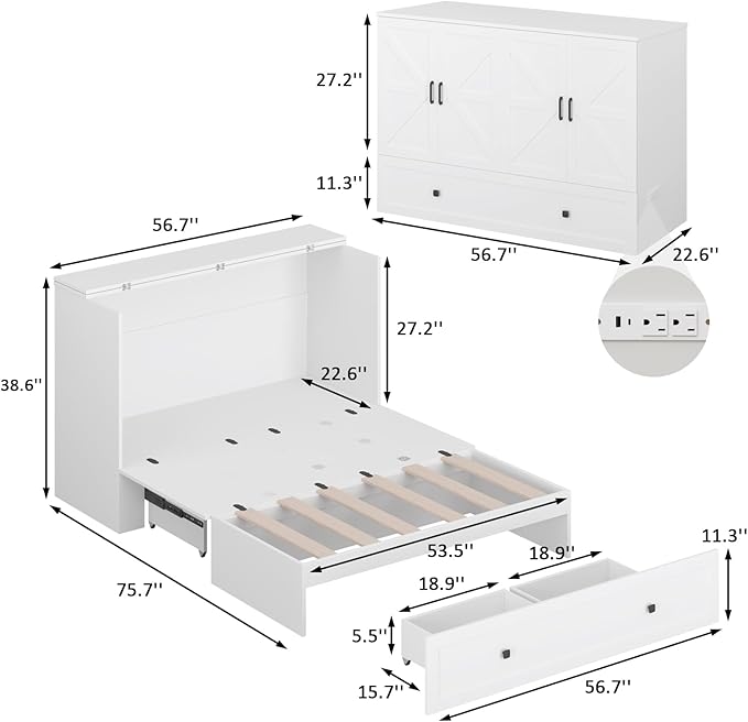 Full Size Murphy Bed with Charging Station - Wall Mounted Hideaway Cabinet Bed, Foldable Panel & Large Storage Drawer for Home Office,Small Room,Guest Bedroom,Living Room, White