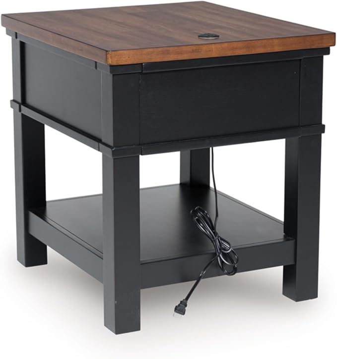 Signature Design by Ashley Wildenauer Farmhouse 1-Drawer End Table with Lower Shelf and USB Ports, Light Brown & Black