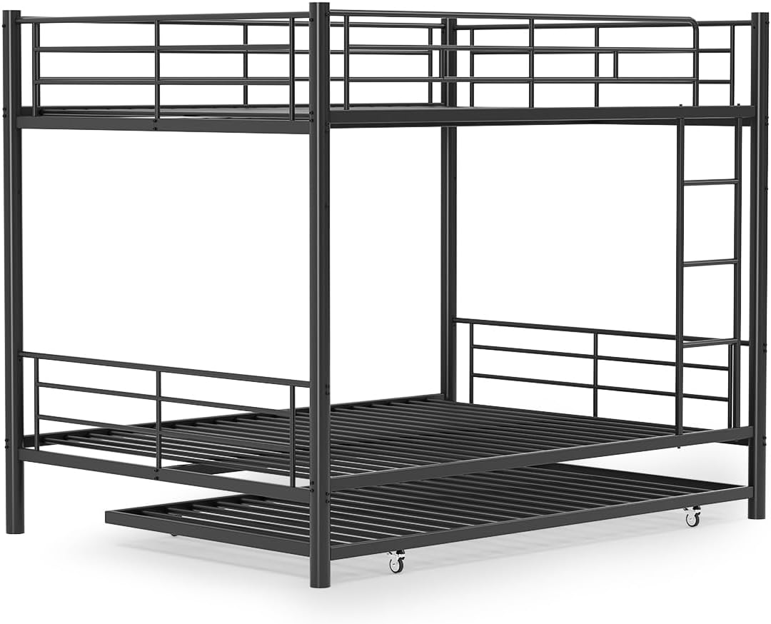 Full Over Full Bunk Bed with Trundle, Heavy Duty Metal Bed Frame with Full-Length Guardrails & Ladder, 3-in-1 Convertible Full Bunk Bed, Noise-Free, No Box Spring Needed, Black
