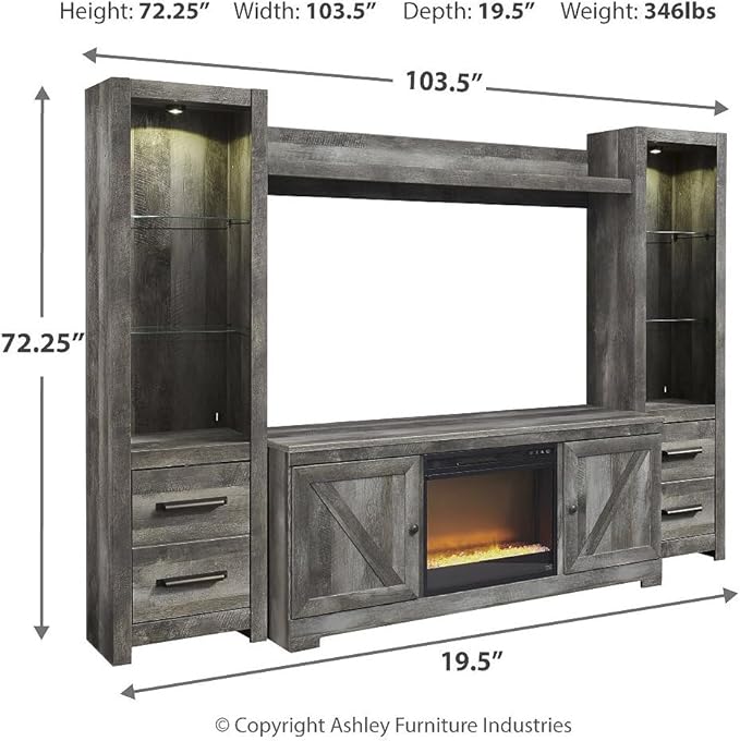 Signature Design by Ashley Wynnlow Rustic 4-Piece Entertainment Center for TVs up to 72" with Electric Fireplace, LED Lighting and Adjustable Temperature, Gray