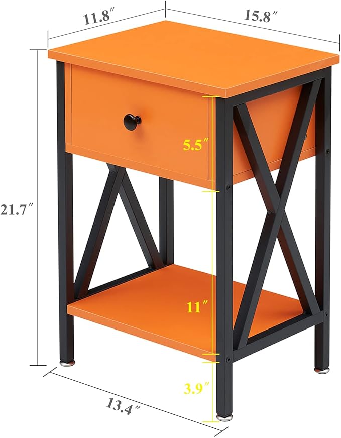 VECELO End Tables, Modern Nightstand with Drawer & Shelf, Night Stand for Bedroom Living Room,Industrial Metal Frame