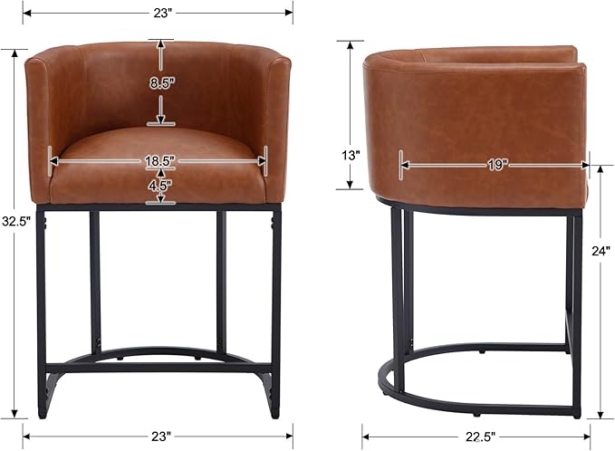 PU Leather Bar Stools Set of 4, Modern Upholstered Counter Height Bar stools 24" Leather Barstools Barrel Kitchen Counter Island Stools with Black Metal Base, Brown