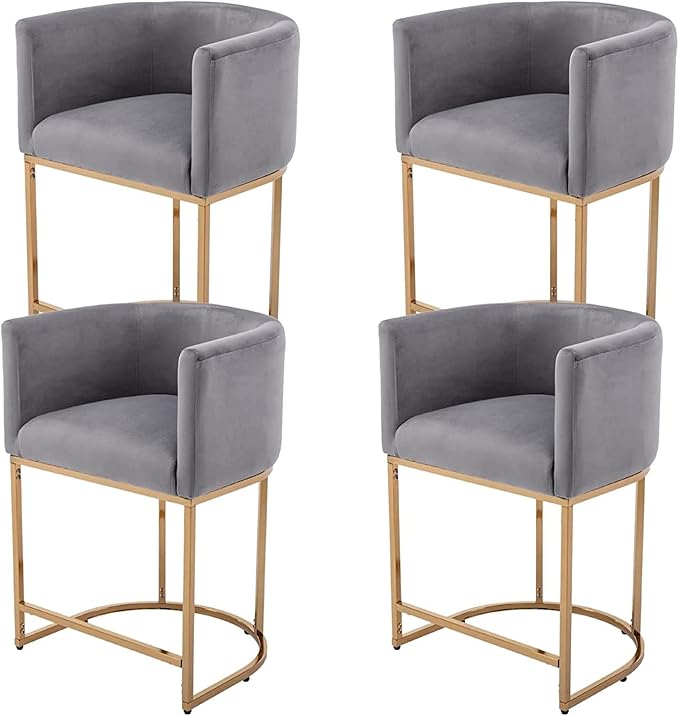 Contemporary Grey Velvet Bar Stools Set of 4, 24" Upholstered Fabric Counter Height Barstools Kitchen Counter Island Stools with Screwed Together Golden Metal Base