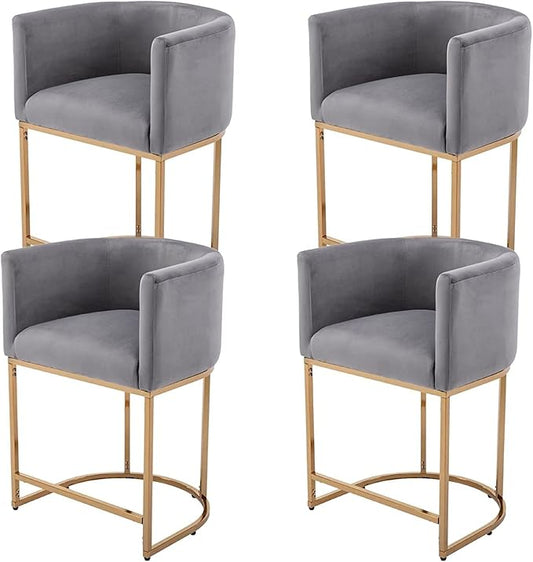 Contemporary Grey Velvet Bar Stools Set of 4, 24" Upholstered Fabric Counter Height Barstools Kitchen Counter Island Stools with Screwed Together Golden Metal Base