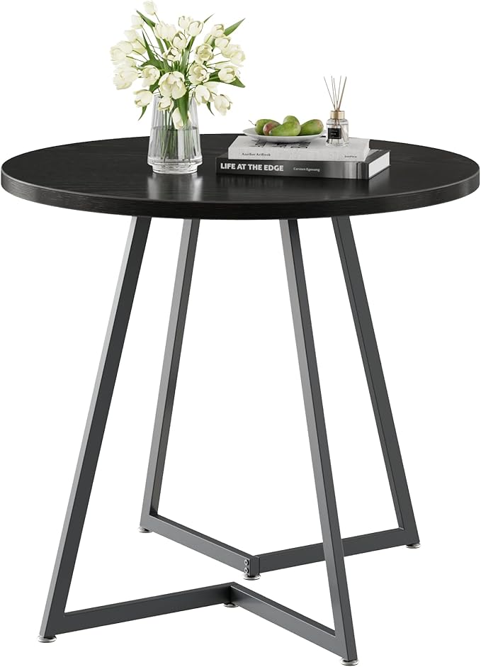 VECELO Round Dining Room Table with Wood Grain Tabletop and Steel Frame, for Kitchen, Living Room, Office, Conference, 2 to 4 Person, Black