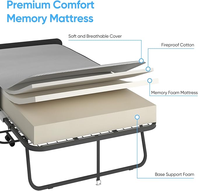 Mjkone Folding Bed with Mattress, Rollaway Bed for Adults with Headborad & Dustproof Bag, 5 Inch Portable Fold Up Bed for Guests with Casters, Foldable Frame, Space Saving for Bedroom（75" x 38"）