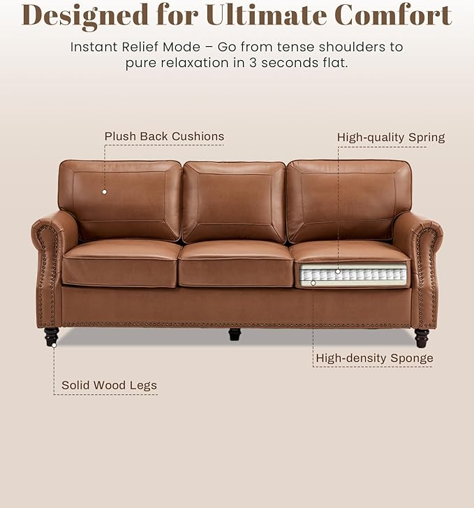 Kingfun Mid-Century Modern Couch, Faux Leather Sofa Set, 3 Seater Couch for Living Room with Rolled arms & Nailhead Trim,Brown