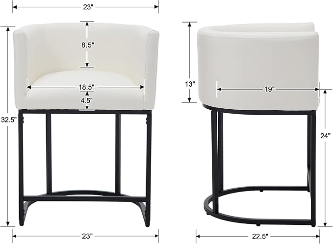 PU Leather Bar Stools Set of 4, Modern Upholstered Counter Height Bar stools 24" Leather Barstools Barrel Kitchen Counter Island Stools with Black Metal Base, White