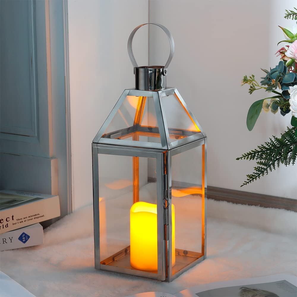 JHY Design Silver Decorative Lanterns 16inch High Stainless Steel Candle Lanterns with Tempered Glass for Indoor Outdoor Events Parities and Weddings