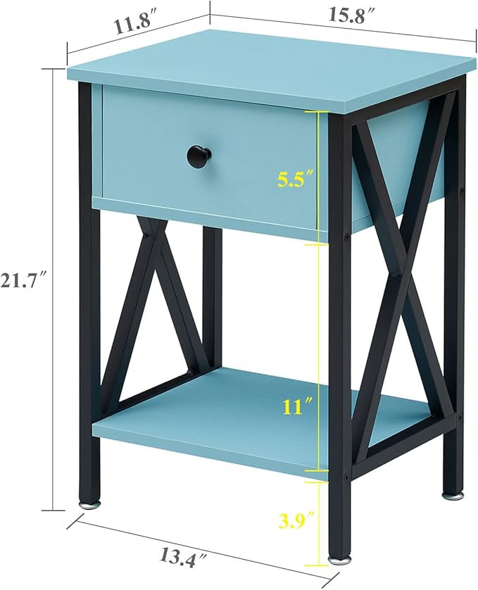 VECELO End Tables, Modern Nightstand with Drawer & Shelf, Night Stand for Bedroom Living Room,Industrial Metal Frame