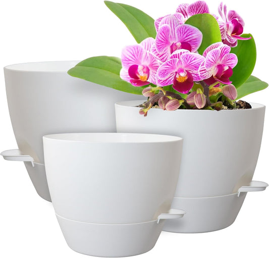 10/9/8 inch Medium Self Watering Pots, Plant Pots with Mesh Drainage Holes for Indoor Outdoor Garden Plants, Flower Pots with Removable Reservoir, Set of 3 Plastic Planters, White