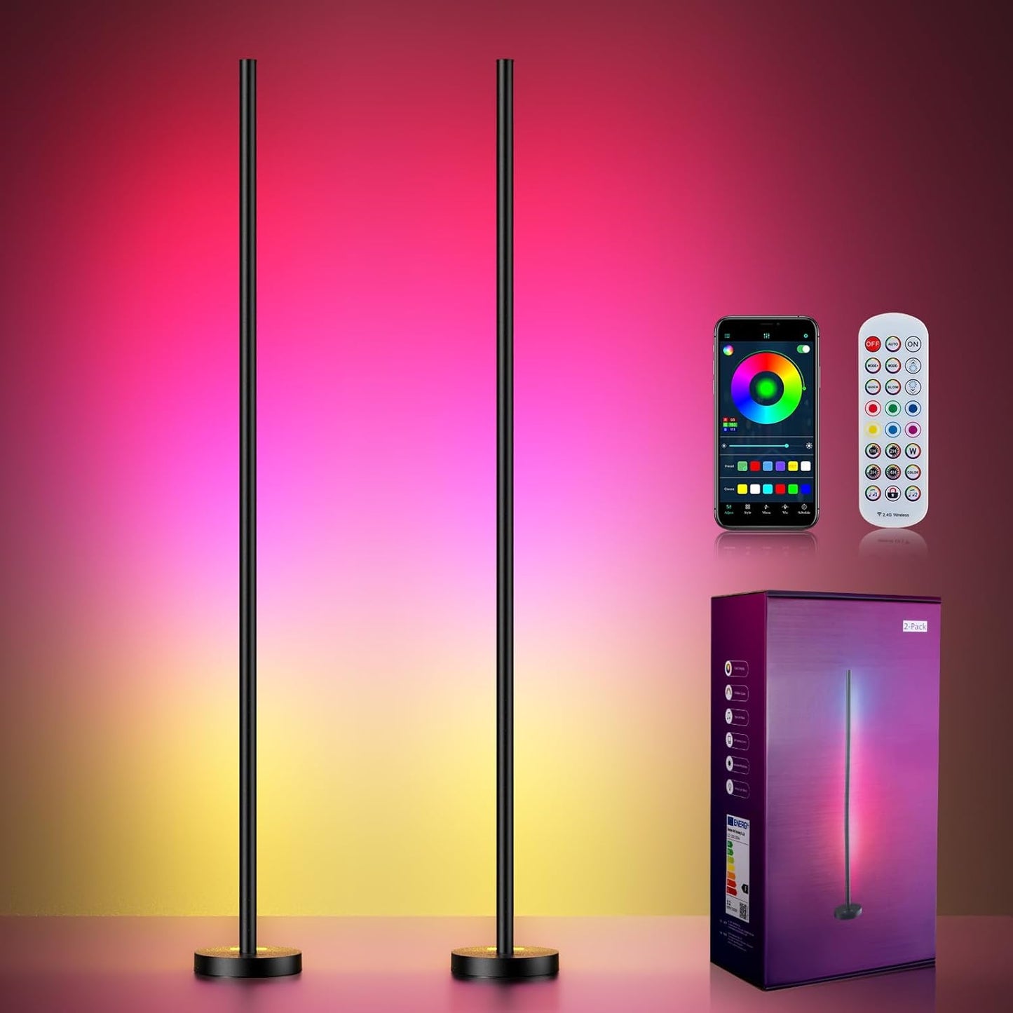 Smart RGBICW LED Corner Floor Lamp 2 Pack - 16 Million DIY Colors, 68+ Scenes, Music Sync, App & Remote Control, Color-Changing Ambient Lighting for Living Rooms, Bedrooms, and Gaming Rooms