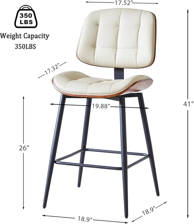 Mid Century Modern Bar Stools Set of 2 for Kitchen Island,Upholstered Beige Faux Leather Counter Height stools,26 Inch Counter stools with Walnut Grain Back